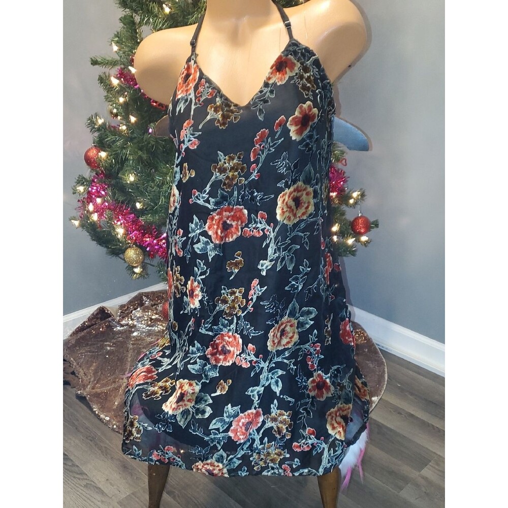 She + Sky Black Strapless Floral Slip Dress with Red and Yellow Blooms NWOT